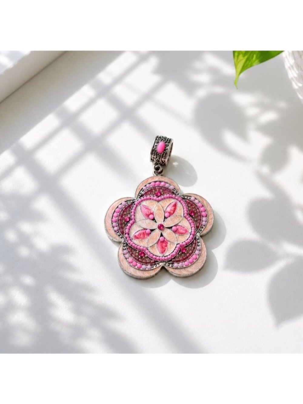 Vintage Boho Floral Silver-TonePendant With Pink Enamel & Crystals 2.5" Length